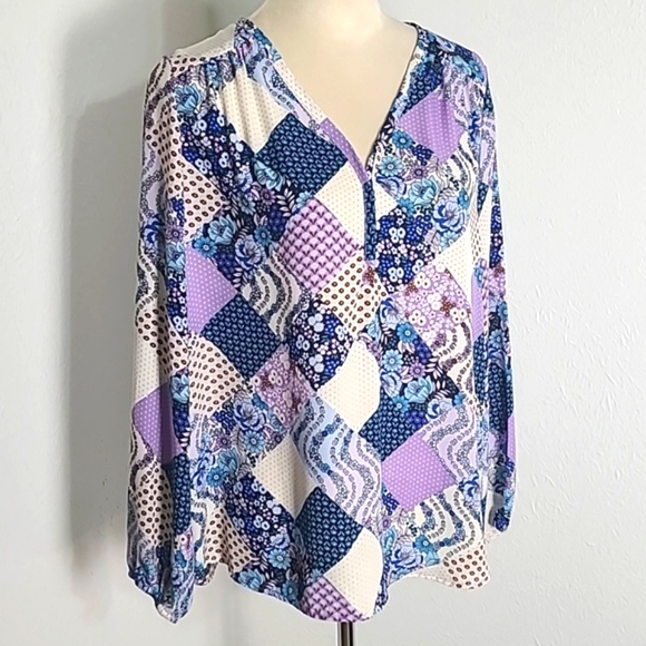 Pleione Multicolor Shades of Blue & Purple Patchwork Blouse, Size Large - Picture 6 of 8